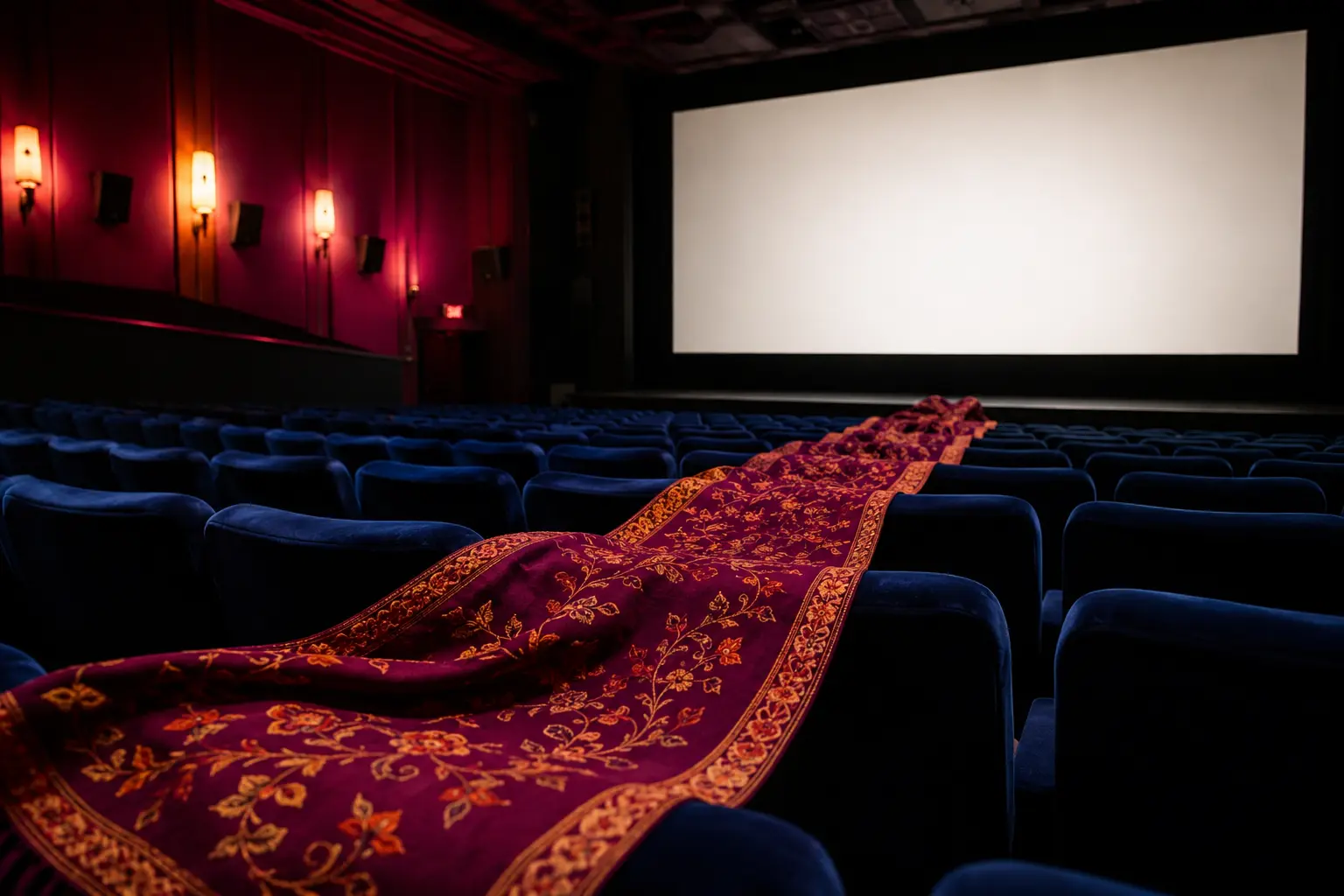 An original unbranded embroidered textile running across deep blue seats toward a blank screen in an empty art-house cinema